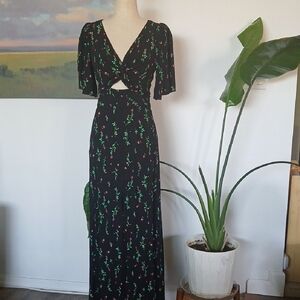AFRM Black Rose Floral Flutter Sleeve Wrap Bodice Maxi Dress